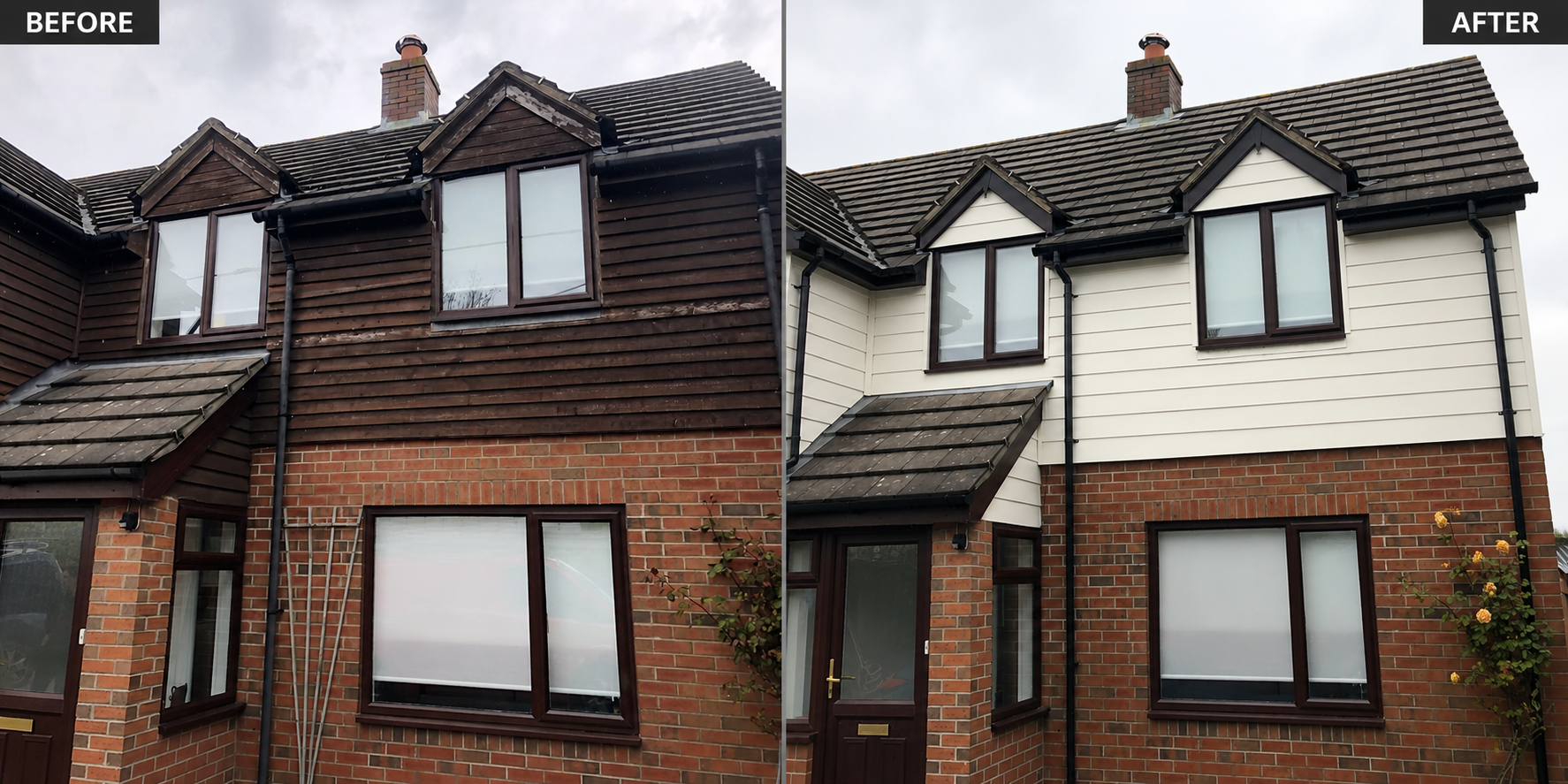 Before and after comparison of timber cladding replaced with white cladding